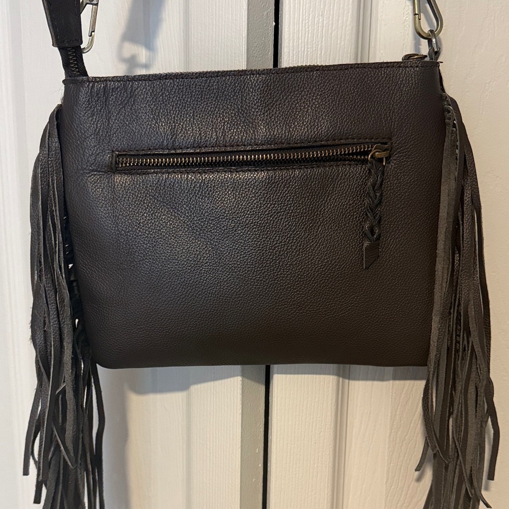 Brown& White Fringe Cowhide Crossbody Bag with Tassel - Picture 6 of 11